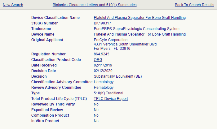 EmCyte FDA Listing